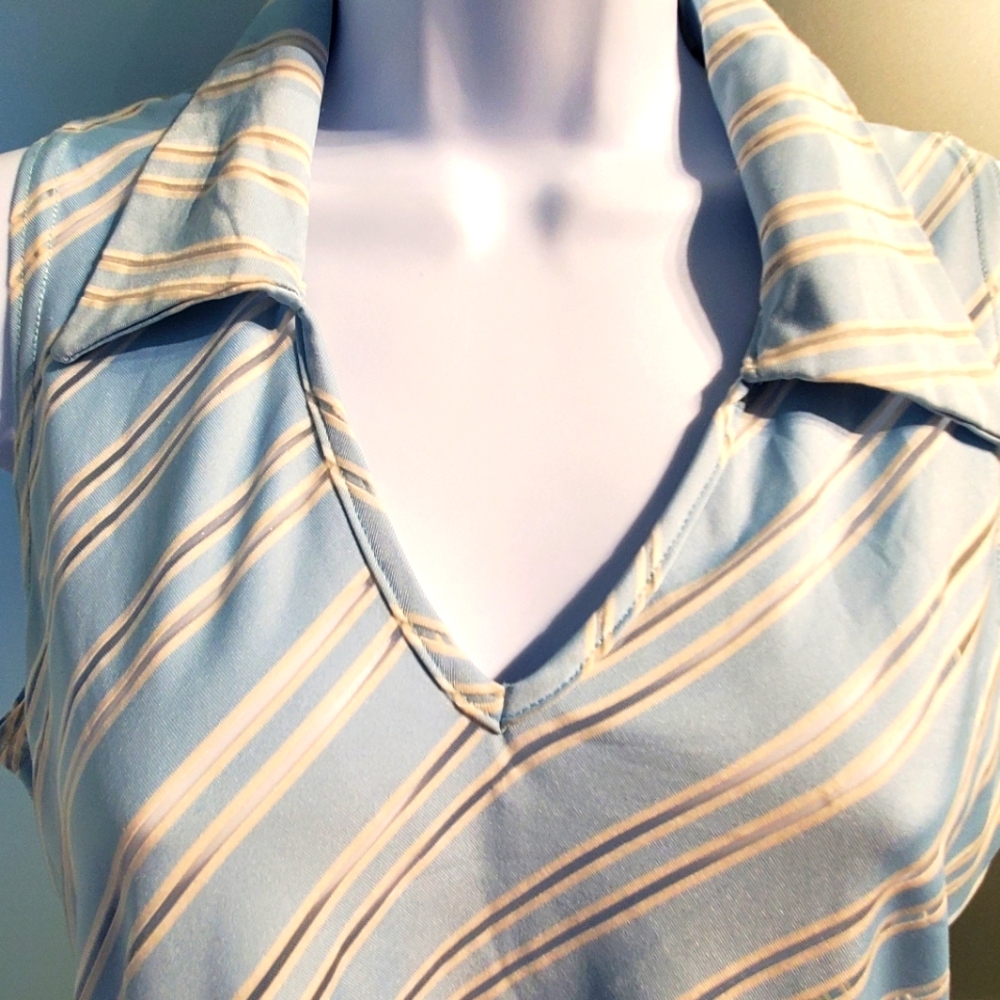 Super Cute! Ladies Small, Flash Tattoo Dressy V-Neck, Blue w/White Stripes